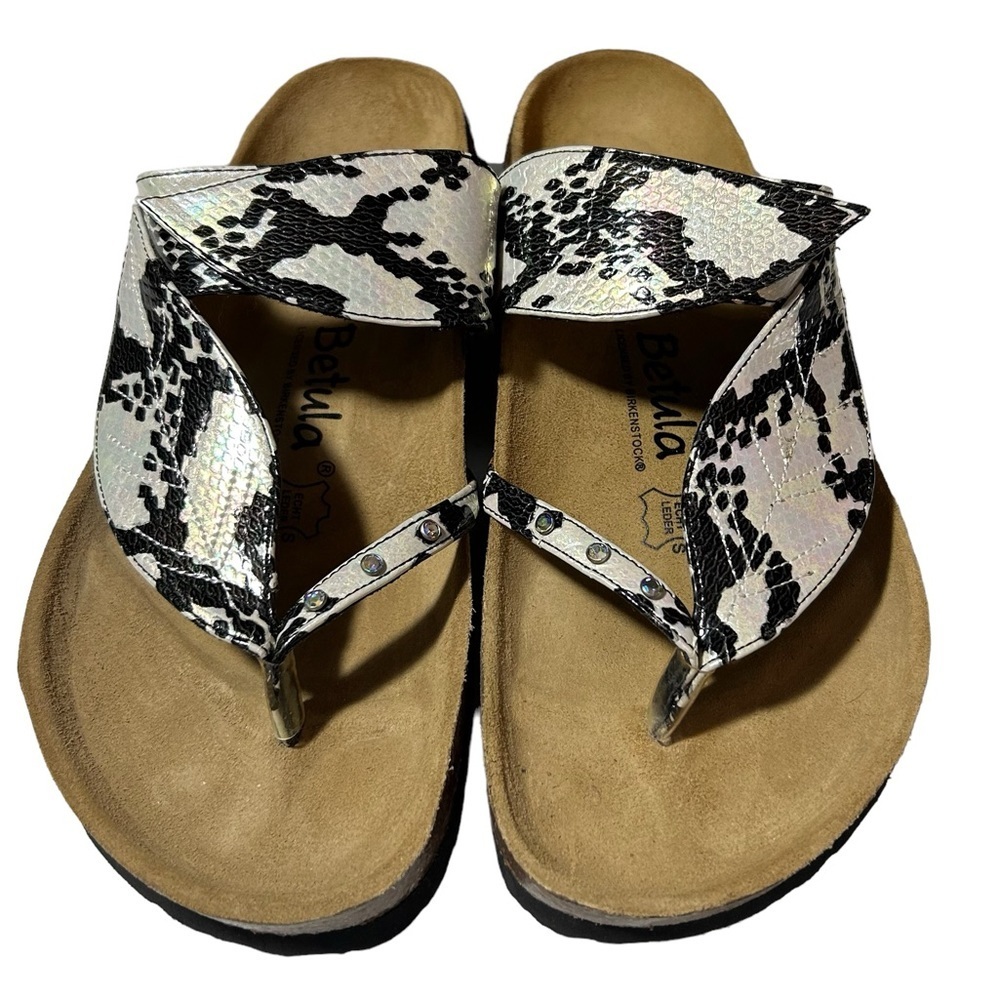 Birkenstock Iridescent White and Black Snake-Print Thong Sandals